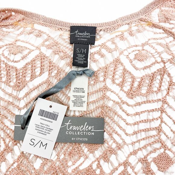 Chico's Travelers Lacey Stitch Cardigan Sweater Small Medium Pink Gold Metallic - Picture 2 of 6